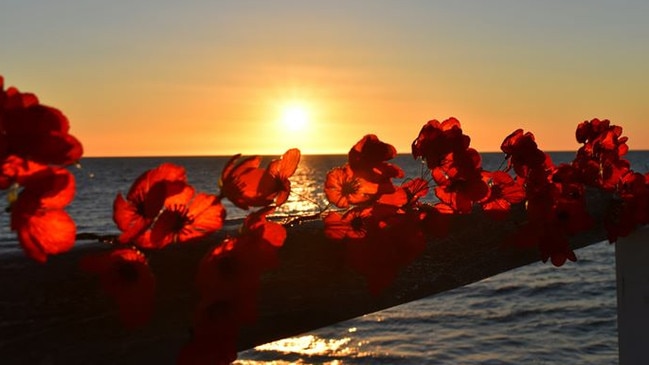 Poppies at Semaphore Jetty for Remembrance Day. Picture: Kerry Edwards