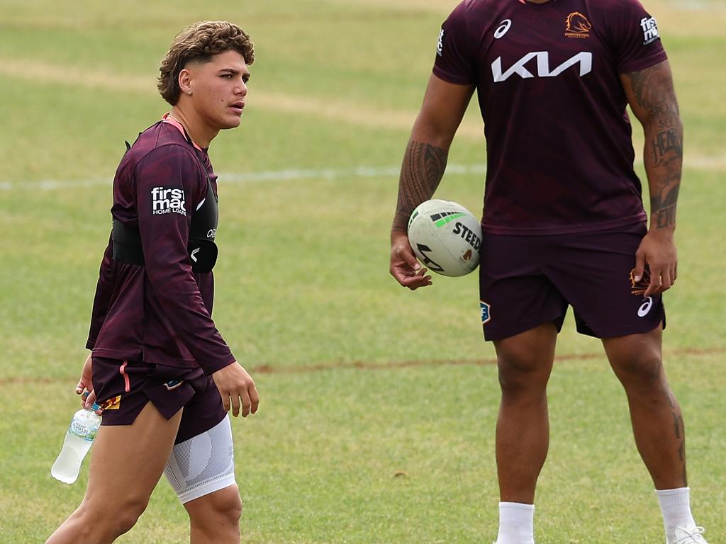 Reece Walsh gives a smile during a Brisbane Broncos NRL training