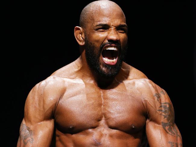 DAILY TELEGRAPH - UFC 213 open workouts at the Park Theatre in Las Vegas. Cuban Yoel Romero who will fight Australian Rob Whittaker pictured on stage looking menacing.