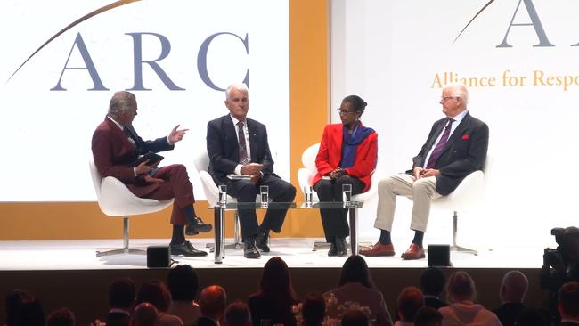 (L-R) Jordan Peterson, John Anderson, Ayaan Hirsi Ali &amp; Os Guinness on a panel at the Alliance for Responsible Citizenship conference in London.