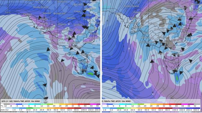 Cold fronts and six-hourly rainfall amounts on Thursday, August 17 (22:00 AEST) and Friday, August 18 (22:00 AEST). Picture: Weatherzone.