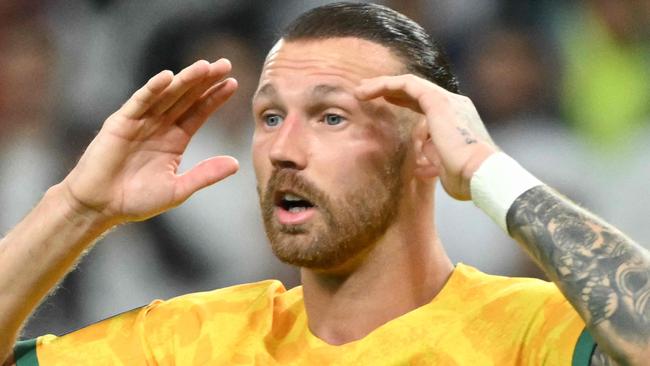 Australia's forward #06 Martin Boyle reacts to a missed chance during the Qatar 2023 AFC Asian Cup quarter-final football match between Australia and South Korea at Al-Janoub Stadium in al-Wakrah, south of Doha, on February 2, 2024. (Photo by HECTOR RETAMAL / AFP)