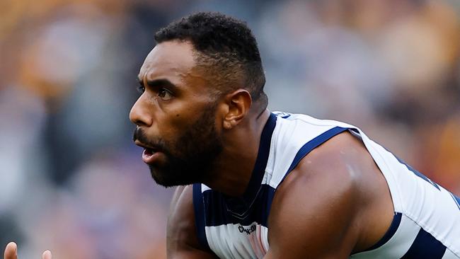 MELBOURNE - APRIL 10: Esava Ratugolea of the Cats marks the ball during the 2023 AFL Round 04 match between the Geelong Cats and the Hawthorn Hawks at the Melbourne Cricket Ground on April 10, 2023 in Melbourne, Australia. (Photo by Dylan Burns/AFL Photos via Getty Images)
