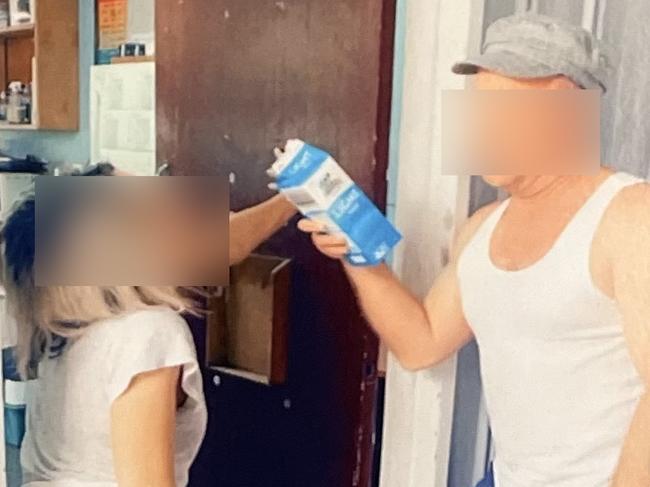 One image shows a teacher pretending to pour milk towards the mouth of a female colleague.