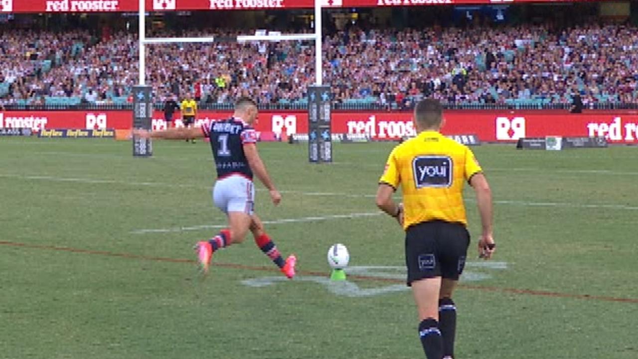 James Tedesco shanks his goal-kick.