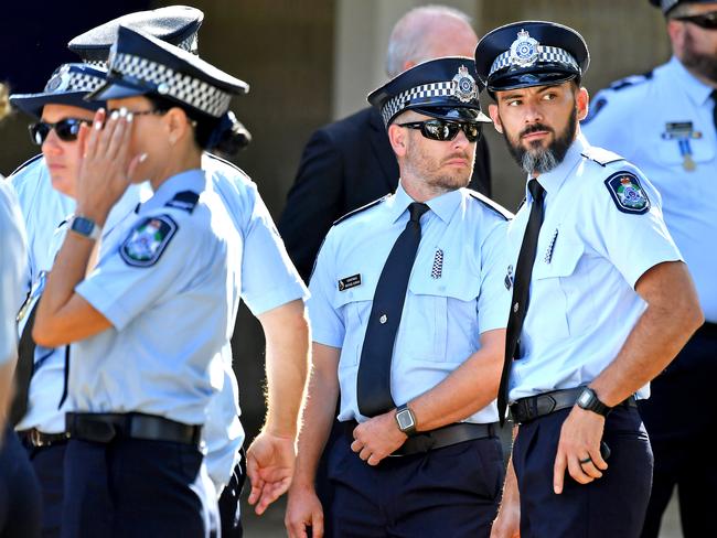 Mourners at the memorial service with full police honours for constables Rachel McCrow and Matthew Arnold at Brisbane Entertainment Centre. Picture: John Gass/NCA NewsWire