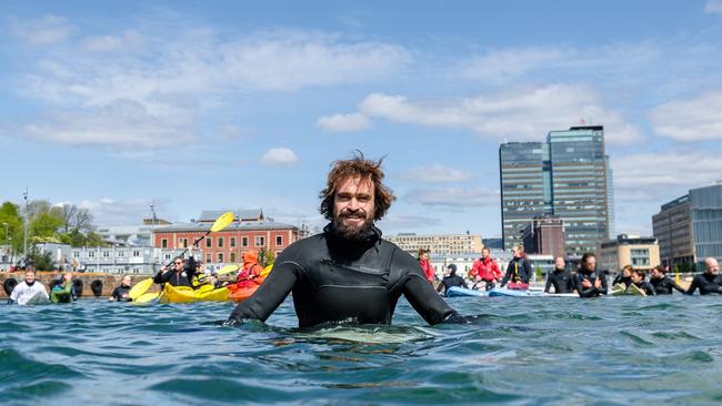 Streaky Bay local Heath Joske in Oslo harbour, protesting against Great Australian Bight oil drilling. Picture: Hallvard Kolltveit