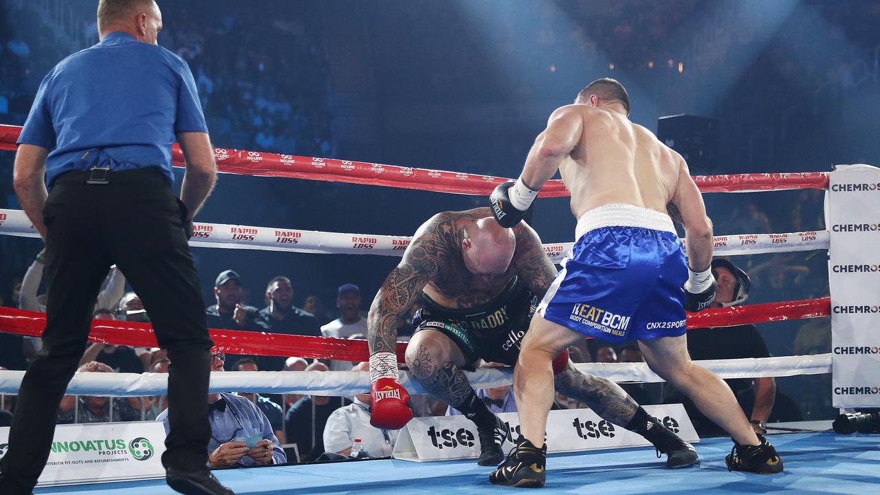 Paul Gallen puts the finishing touches on Lucas Browne. (Photo by Mark Metcalfe/Getty Images)