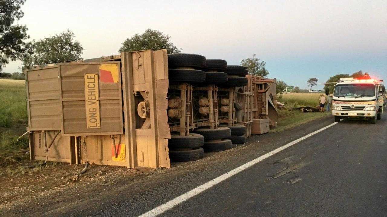 The trailer carting cattle that unhitched from the truck and rolled on the Warrego Highway. Picture: Sarah Dionysius