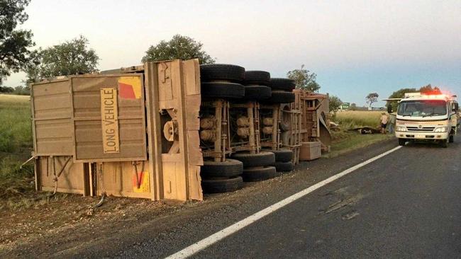 The trailer carting cattle that unhitched from the truck and rolled on the Warrego Highway. Picture: Sarah Dionysius