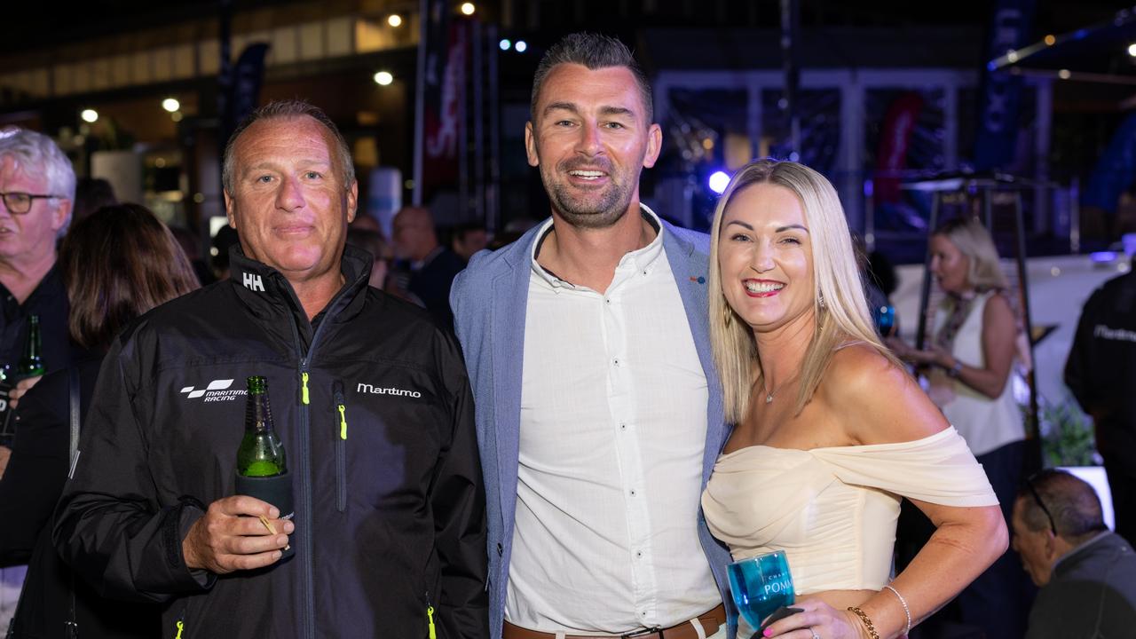 Stephan Cantrick, Larissa Galvin and Hayden McDermott for The Pulse at Maritimo Luxury Yachts global launch of the S75 and M75 at the Sanctuary Cove International Boat Show 2023. Picture: Celeste Humphrey