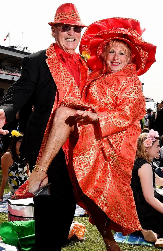 Melbourne Cup. 2015. Liam and Annie McKernan dress in matching outfits. Picture: Jake Nowakowski