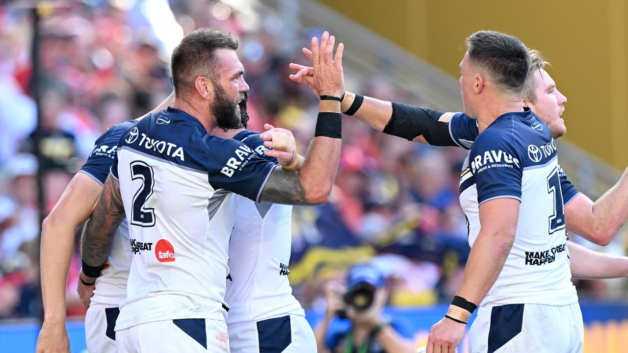 Kyle Feldt of the Cowboys celebrates with teammates. Picture: Bradley Kanaris/Getty Images