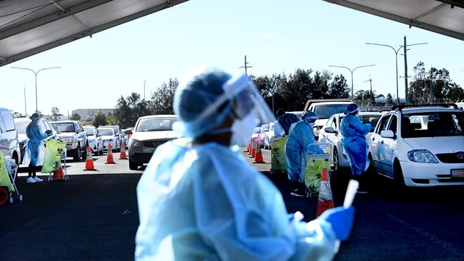 Cars line for Covid testing in Campbelltown. Picture: NCA NewsWire/Jeremy Piper