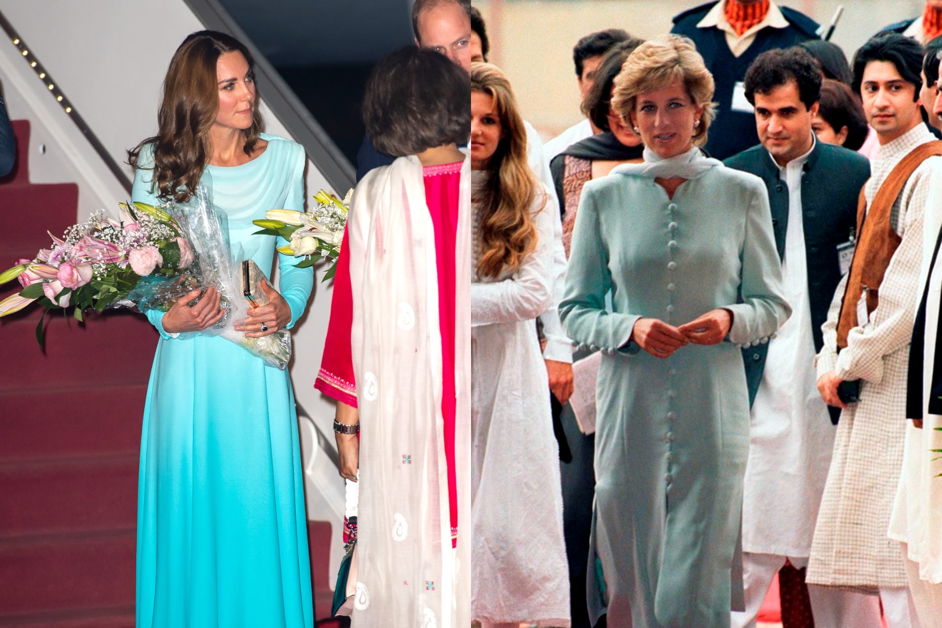 <h2>Princess Kate (2019) and Princess Diana (1996)</h2><p>During the Duchess of Cambridge's tour of Pakistan in 2019, Kate chose a series of traditional ensembles that closely mirrored those her mother-in-law had worn while visiting the country. Upon her arrival, the Duchess wore a an ombre turquoise <em>shalwar kameez</em> by Catherine Walker, the exact shade and designer worn by Princess Diana 23 years earlier. It's only fitting, then, that the Duchess of Cambridge was gifted a photobook of Princess Diana's trips to Pakistan during her own tour.</p>