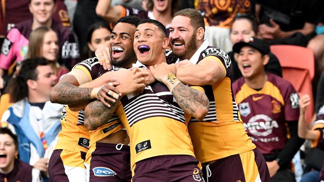 Delouise Hoeter celebrates opening the scoring for Brisbane. Picture: Bradley Kanaris/Getty