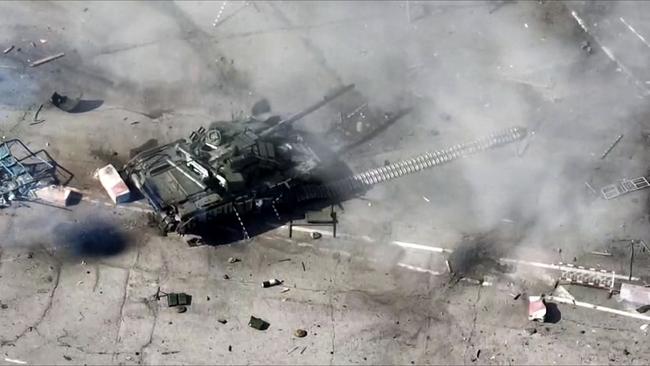 A disabled Ukrainian tank in the border area with Russia after the rebel raid on Tuesday. Picture: Russian Defence Ministry via AFP