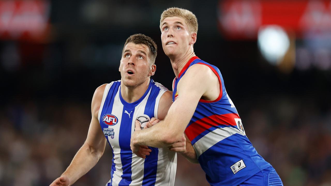 Tristan Xerri (left) has signed a four-year contract extension to remain at North Melbourne until at least the end of 2029. Picture: Michael Willson / Getty Images