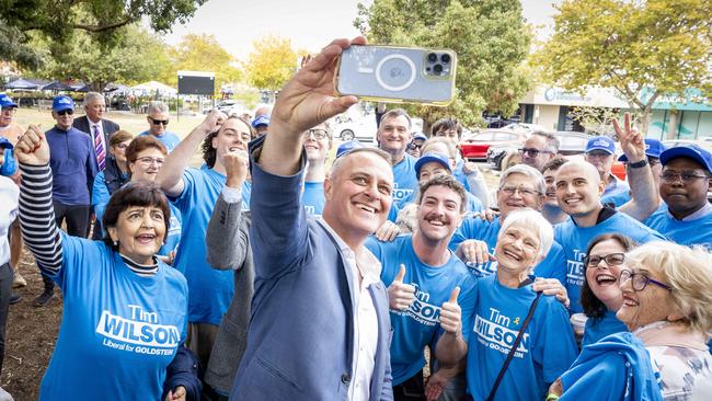 Liberals candidate Tim Wilson celebrates after defeating Independent Zoe Daniel in the seat of Goldstein. Picture: Jake Nowakowski