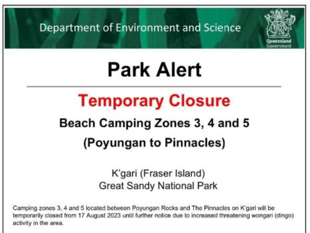 Park alert advising campers of the closures