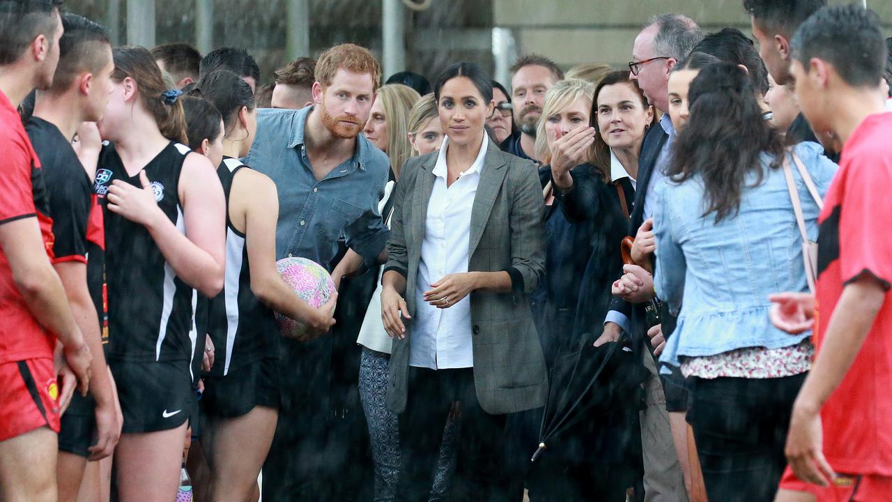 The Duke and Duchess of Sussex visit Dubbo College Senior Campus during their visit to central west NSW on their Australian tour. Royal staffer Samantha Cohen, from Brisbane, can be seen on Meghan’s left. Picture: Toby Zerna.