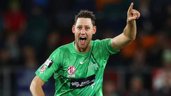 CANBERRA, AUSTRALIA - DECEMBER 13: Beau Webster of the Stars celebrates taking a wicket during the Men's Big Bash League match between the Sydney Thunder and the Melbourne Stars at Manuka Oval, on December 13, 2022, in Canberra, Australia. (Photo by Mark Nolan/Getty Images)