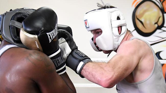 Jeff Horn (right) sparring Ray Robinson in Brisbane.