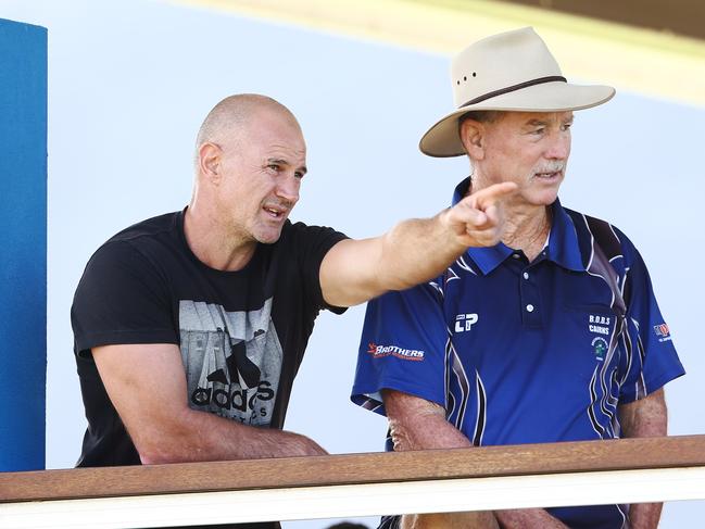 Brad Arthur watches a game with fromer Brothers president Robert "Nugget" Mulley. Picture: Brendan Radke