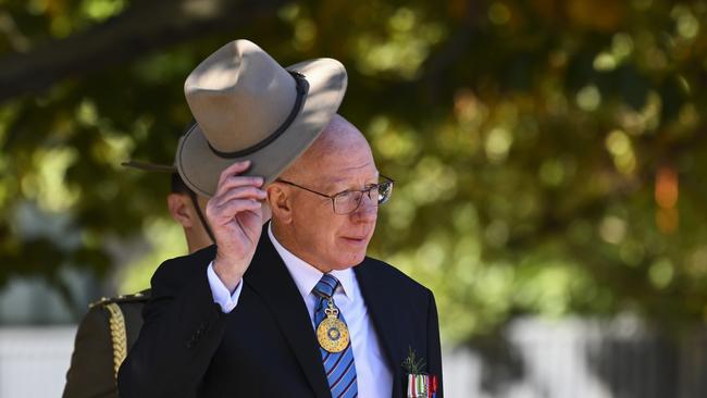 Governor-General of Australia David Hurley inspects the veterans march at the Australian War Memorial on April 25, 2023 in Canberra.