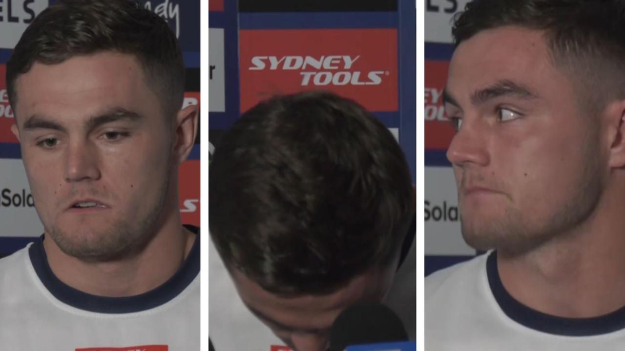 Kyle Flanagan breaks down in tears at a Bulldogs press conference.