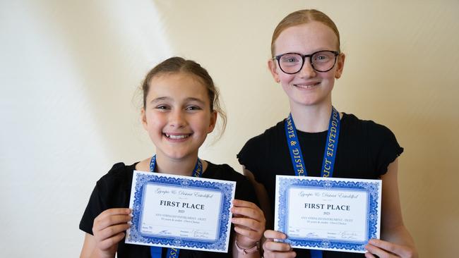 Piper Cracknell and Alice Francis won first place in the string duet (10 years and under) at the Gympie Eisteddfod. August 1, 2023. Picture: Christine Schindler