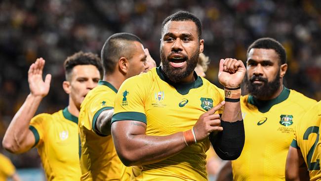 Samu Kerevi celebrates scoring a try for the Wallabies. Picture: AFP