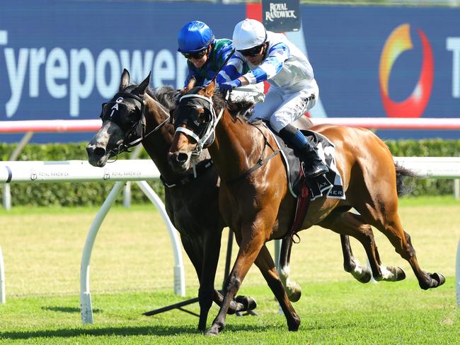 SYDNEY, AUSTRALIA - DECEMBER 14: Kerrin McEvoy riding Kadavar Ã¢â¬â¹wins Race 7 Max Brenner Christmas Cup during Sydney Racing at Royal Randwick Racecourse on December 14, 2024 in Sydney, Australia. (Photo by Jeremy Ng/Getty Images)