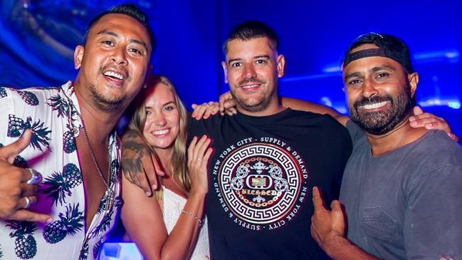 Arrested Aussie William Cabantog, left, with Melbourne nightclub figures Rory Higgins, (second from right) and Gehan Rajapakse (right). Picture: Supplied