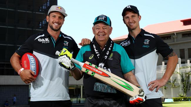 Hamish Hartlett (right), pictured alongside Travis Boak (left) and Barry 'Nugget' Rees, fancies himself a handy wicketkeeper. Picture: Simon Cross