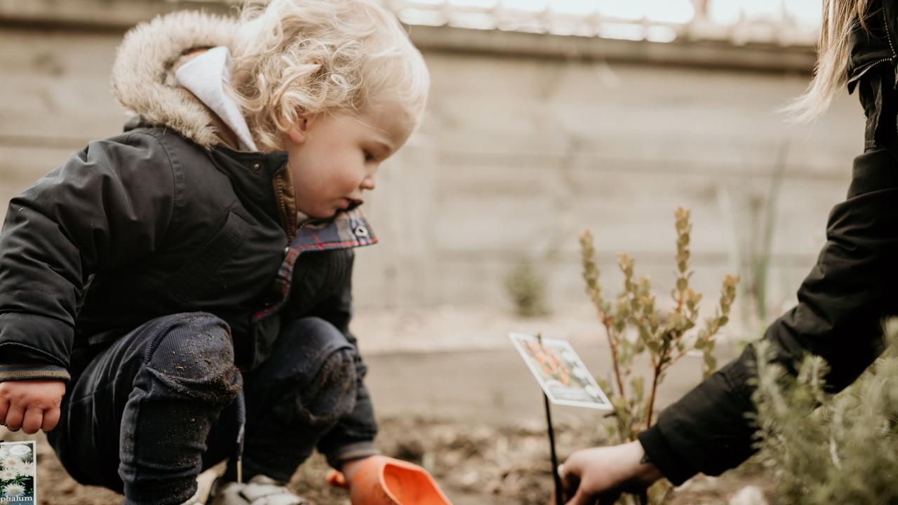 Educator Hollie and child Bobby planting a native tree at Victoria’s Nido Early School in Woodend. Picture: Venness Photography