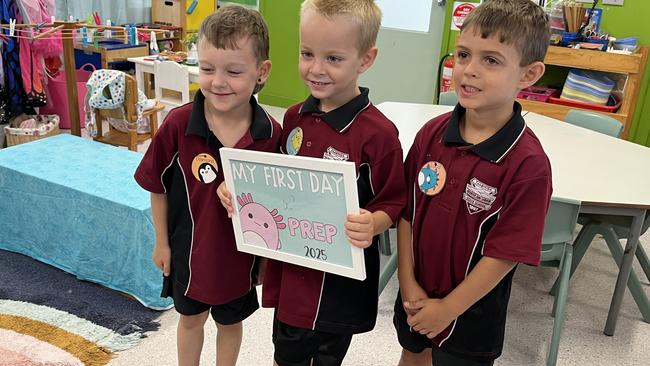 Desmond Binstead, Kai Carty and Luca Smallwood. Kindy friends unite! Taabinga State School on January 28, 2025.