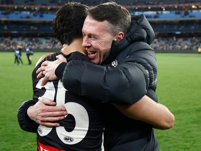 McRae hugs his young star. Picture: Michael Willson/AFL Photos