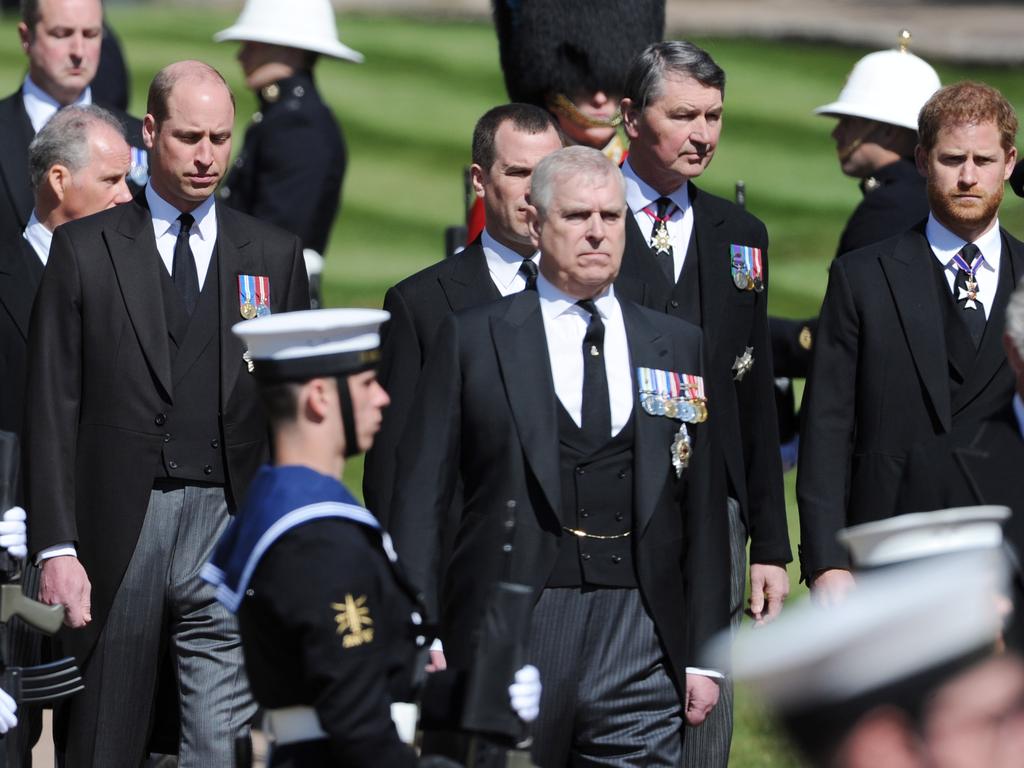 Prince William, Prince Andrew and Prince Harry in non-military dress for Prince Philip’s funeral procession in April 2021. Picture: Mark Large-WPA Pool/Getty Images