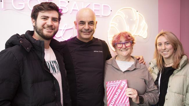 Nick Bentley, Jan Tomlinson and Lara Tomlinson meet Adriano Zumbo at Sugar Man X Zumbo Event at The Sugar Man inn Hutt Street. Picture: Brett Hartwig