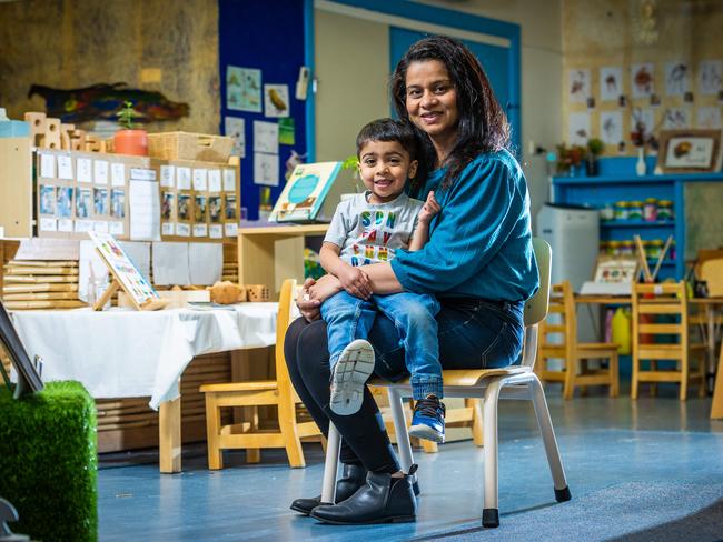 Lathika Nair and her son, Rishaan, 4, at Goodstart Clayton. Picture: Jake Nowakowski