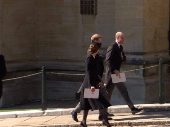 Kate, William and Harry seen together after the funeral of Prince Philip. Picture: BBC