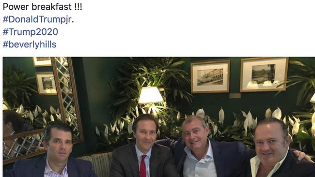 This Facebook screen shot provided by The Campaign Legal Center, shows from left, Donald Trump, Jr., Tommy Hicks, Jr., Lev Parnas and Igor Fruman, posted on May 21, 2018. Picture: via AP