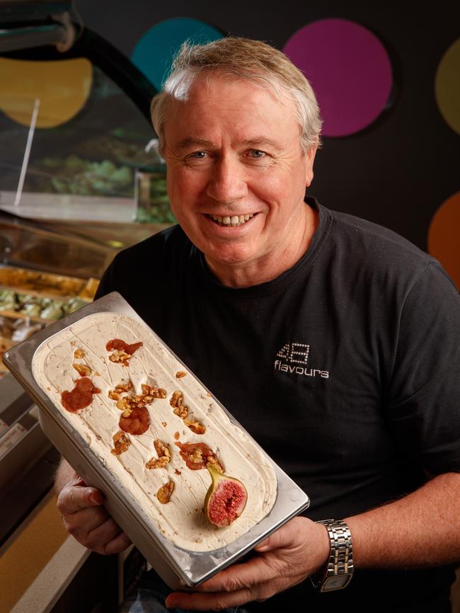 Brian O’Donnell with his local-award winning flavour of pear, gorgonzola, fig and walnut at 48 Flavours in Gouger Street. Picture: Matt Turner.