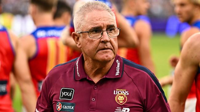 PERTH, AUSTRALIA - MARCH 17: Chris Fagan, Senior Coach of the Lions with his team at the break during the 2024 AFL Round 01 match between the Fremantle Dockers and the Brisbane Lions at Optus Stadium on March 17, 2024 in Perth, Australia. (Photo by Daniel Carson/AFL Photos via Getty Images)