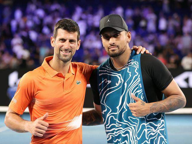 MELBOURNE, JANUARY 13, 2023: Nick Kyrgios and Novak Djokovic meet on Rod Laver Arena for the Arena Showdown, the finale of the Australian OpenÃs Perfect Practice series. Picture: Mark Stewart