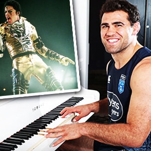 Dale Finucane playing a grand piano once owned by his childhood idol, Michael Jackson.