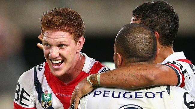 SYDNEY, AUSTRALIA - APRIL 08: Dylan Napa of the Roosters and team mates celebrate winning the round six NRL match between the South Sydney Rabbitohs and the Sydney Roosters at ANZ Stadium on April 8, 2016 in Sydney, Australia. (Photo by Cameron Spencer/Getty Images)