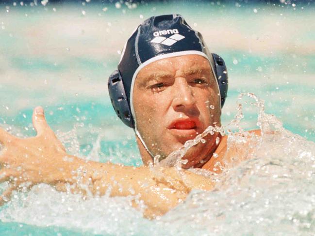 Australian water polo captain John Fox gets a pass away in the bronze medal playoff at the World Swimming championships in 1998.