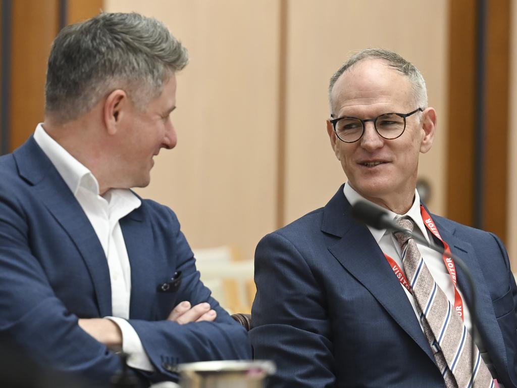 Mike Sneesby, Nine Entertainment Chief Executive Officer, and Michael Miller, News Corp Australia Executive Chairman appear before the Joint Select Committee on Social Media and Australian Society at Parliament House in Canberra. Picture: NCA NewsWire / Martin Ollman